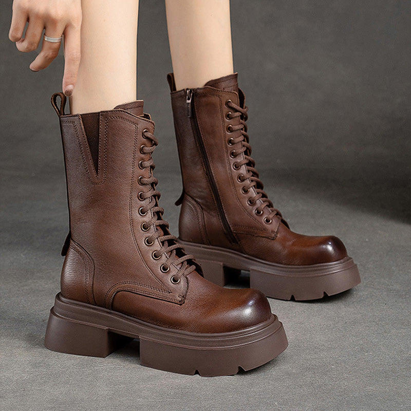 Women Retro Classic Leather Platform Mid-Calf Boots Newgew Shoes