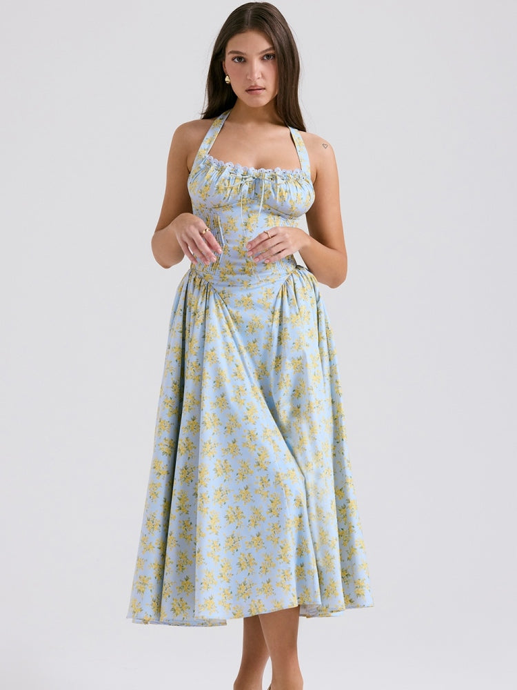 Soft Blue Vintage Floral Print Backless Tank Dress Newgew Dresses