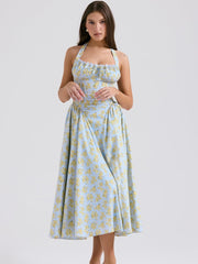 Soft Blue Vintage Floral Print Backless Tank Dress Newgew Dresses