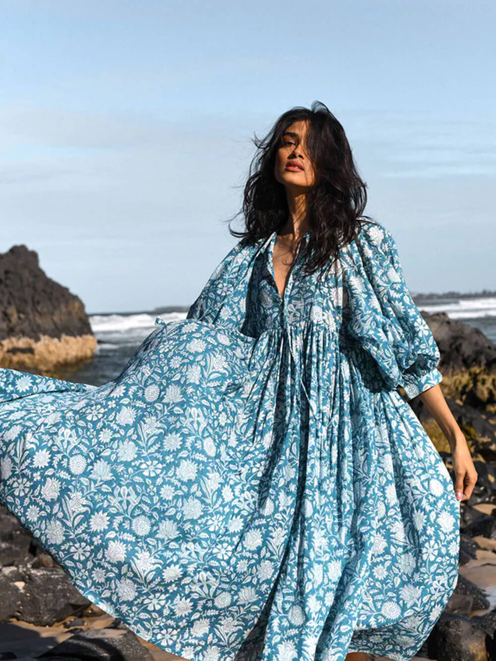 Floral Balloon Sleeve Midi Dress Newgew Dresses