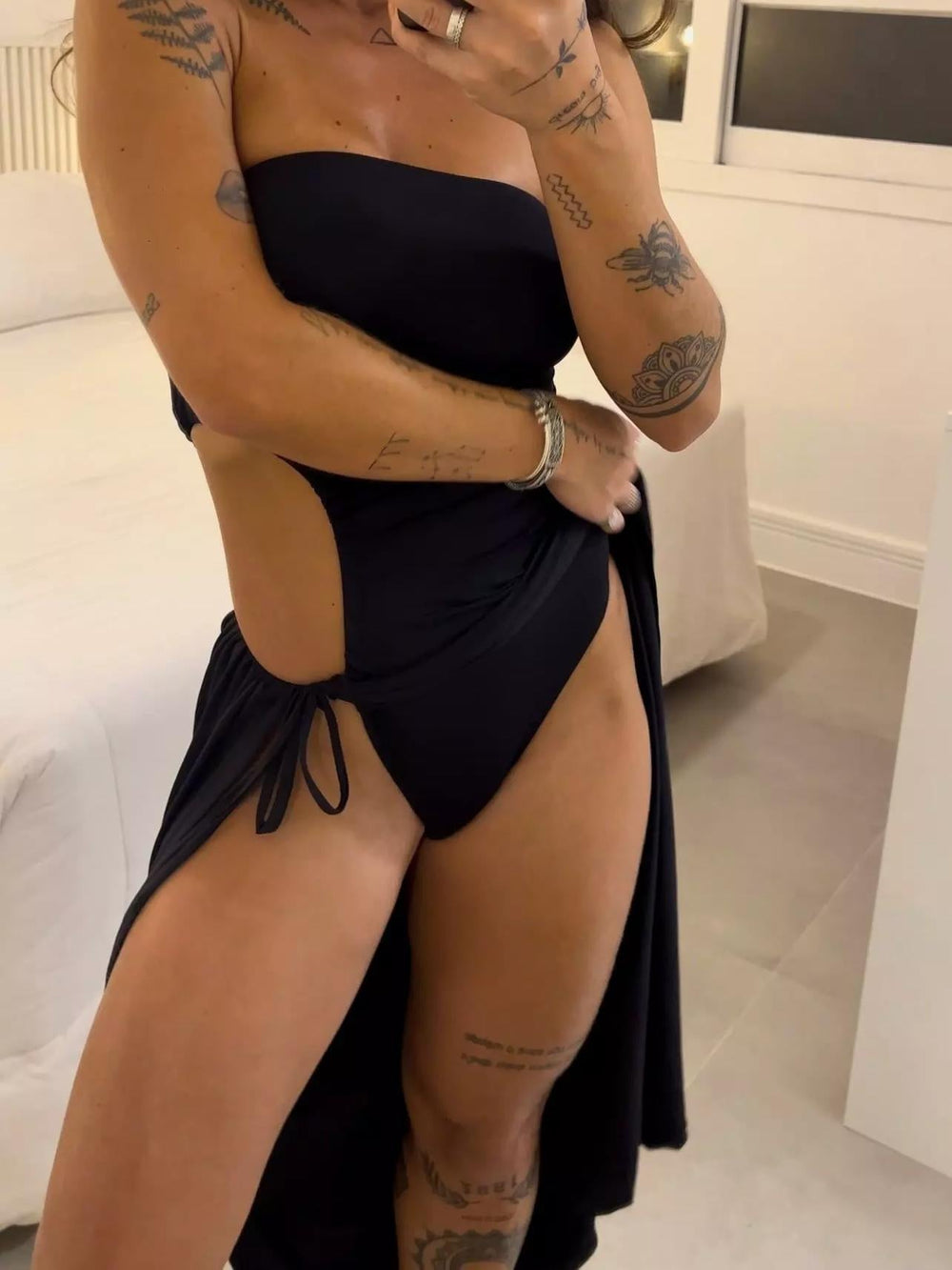 Bandeau Side Slit Tie Bodysuit Dress Newgew Dresses