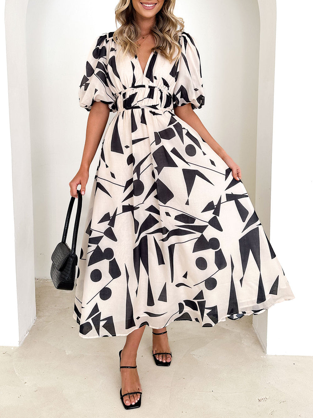 Sakura Midi Dress - Beige Geo Newgew Dresses