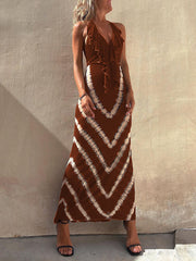 Paulawow Halter V Neck Ruffle Drape Front Printed Maxi Dress Newgew Dresses