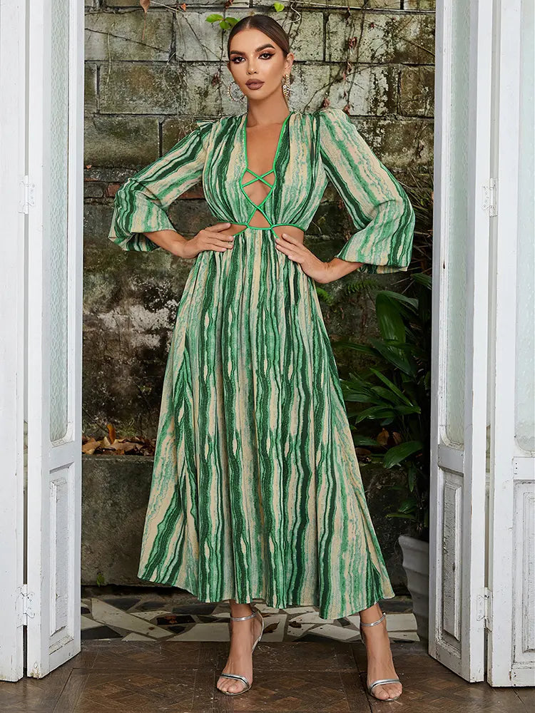 V-Neck Floral Lantern Sleeve Dress Newgew Dresses