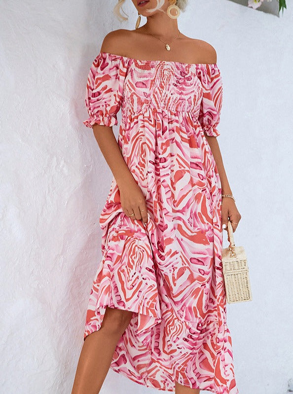 Smocked Print Off The Shoulder Midi Dress Newgew Dresses