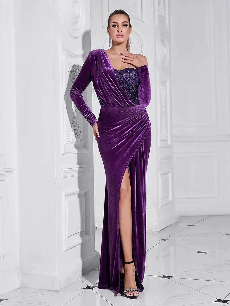 Purple Sequin High-Slit Long Dress Newgew Dresses