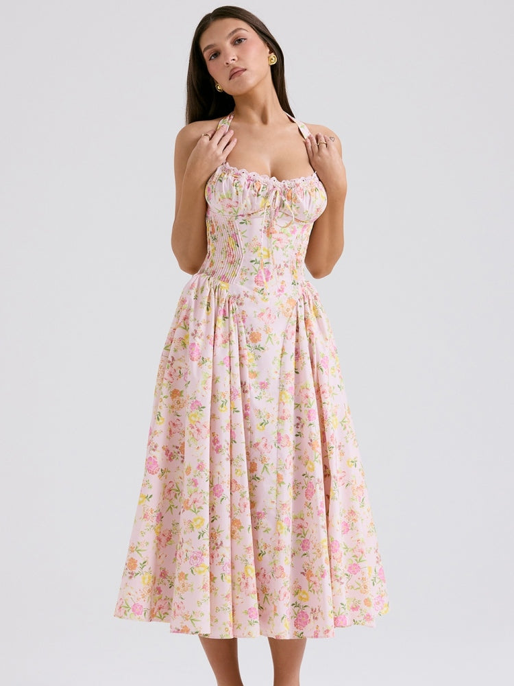 Pink Meadow Print Backless Midi Tank Dress Newgew Dresses