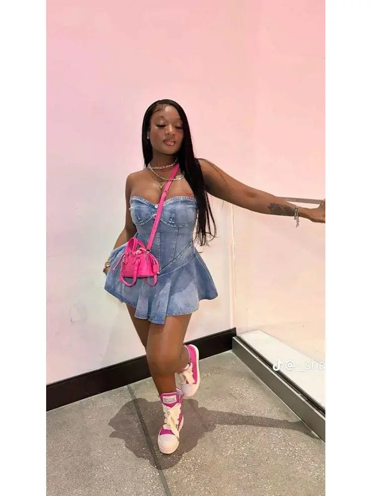 Strapless Ruffle Denim Dress Newgew Dresses