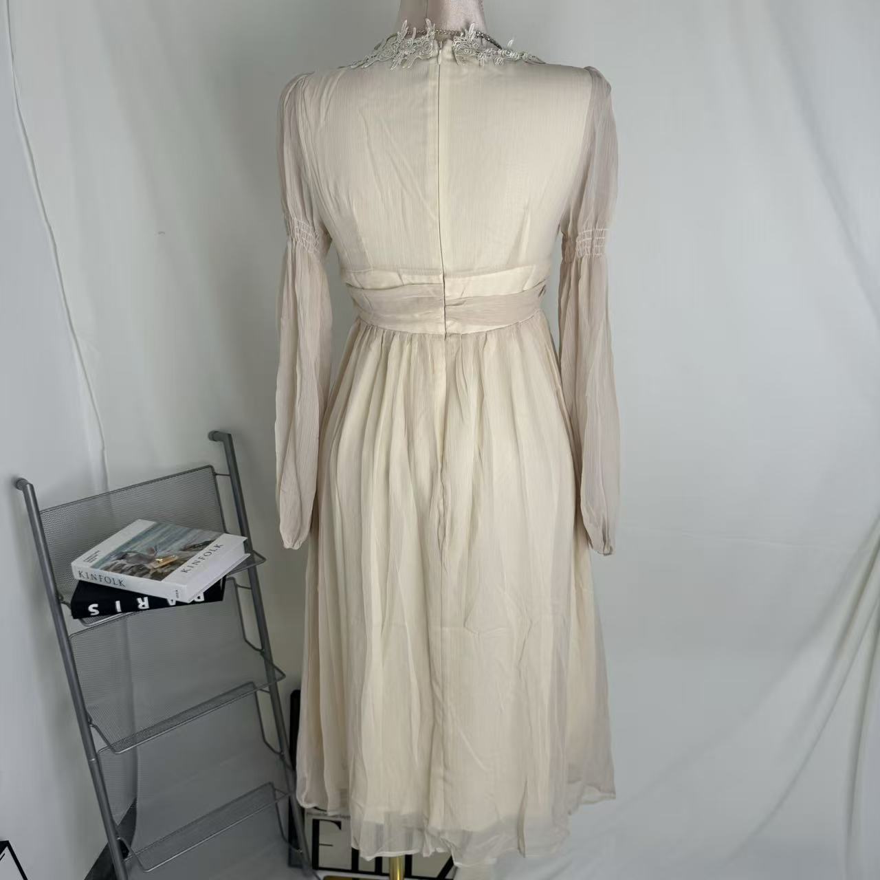 Square-Neck Long-Sleeve Chiffon Dress PinTow