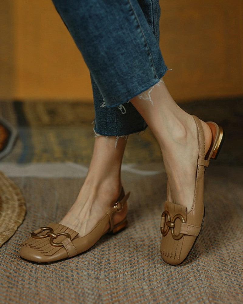 Solid Metallic Buckle Upper Sqaure-toe Flat Slip-on NewGew