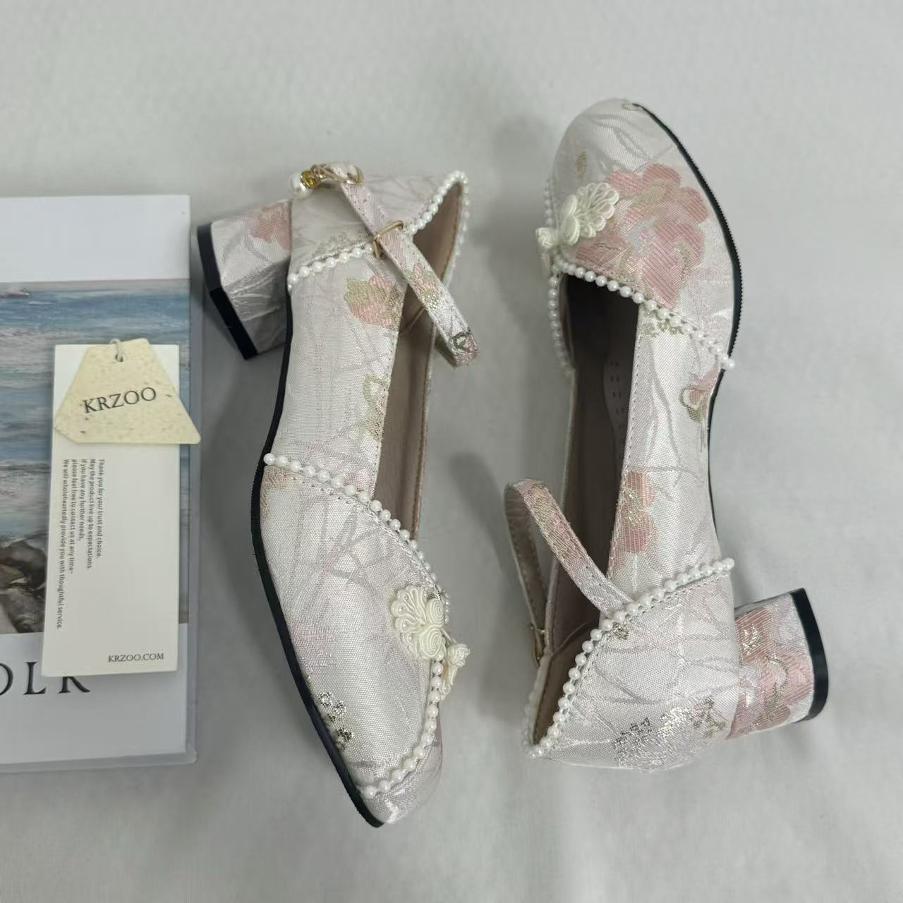 Block-Heel Shoes With Pearl-Embellished Straps PinTow