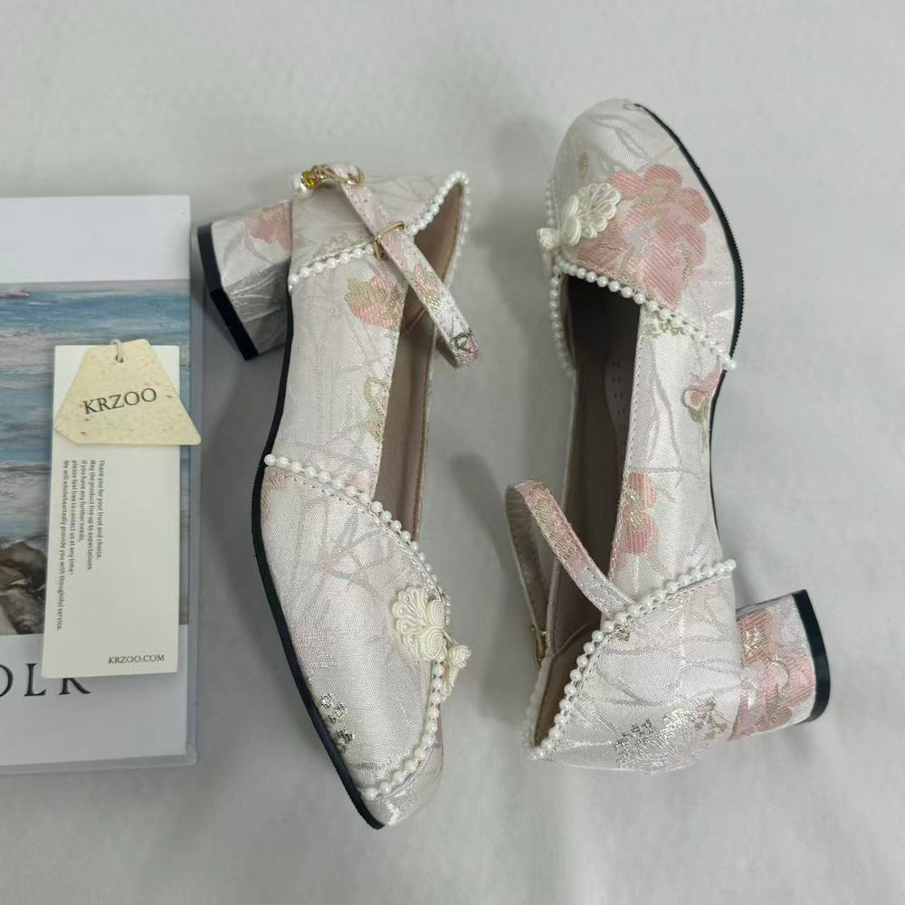 Block-Heel Shoes With Pearl-Embellished Straps PinTow