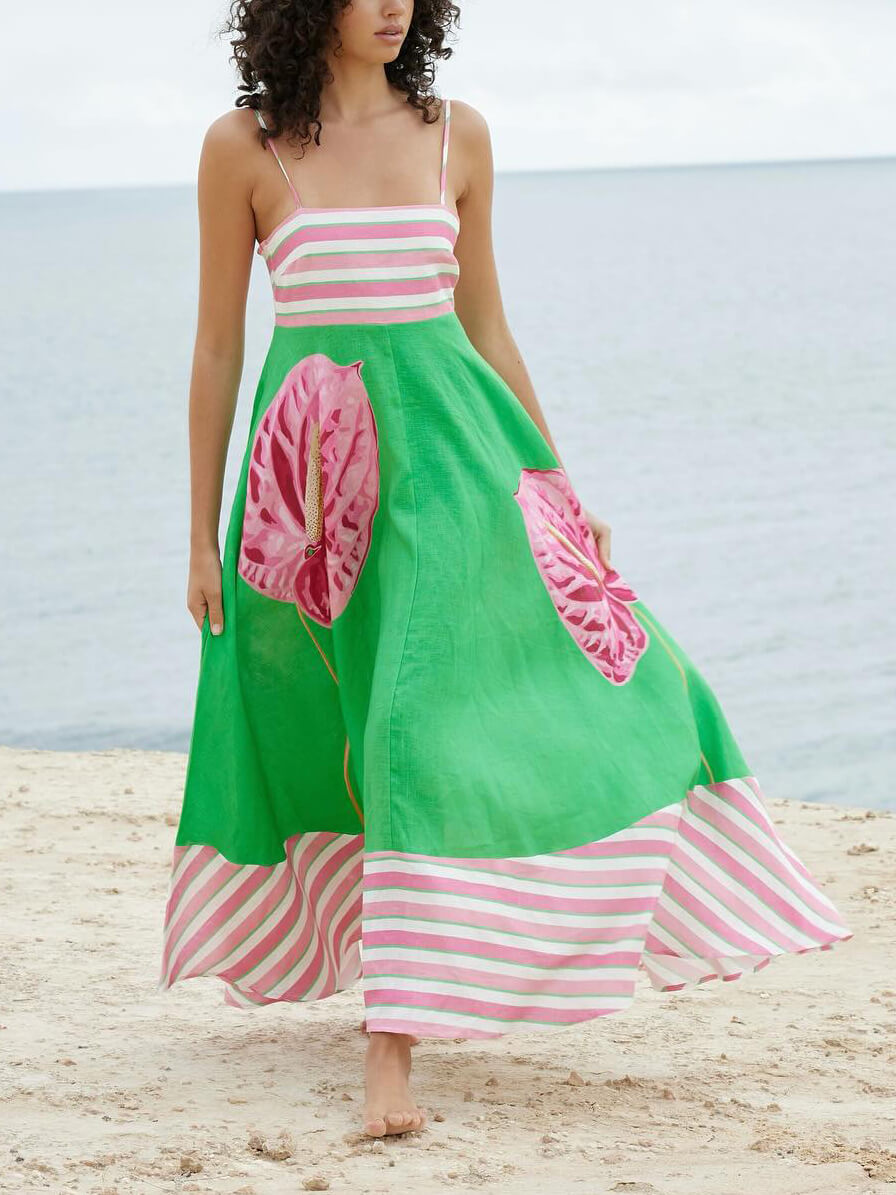 Floral Print Paneled Striped Suspender Mixi Dress Newgew Dresses