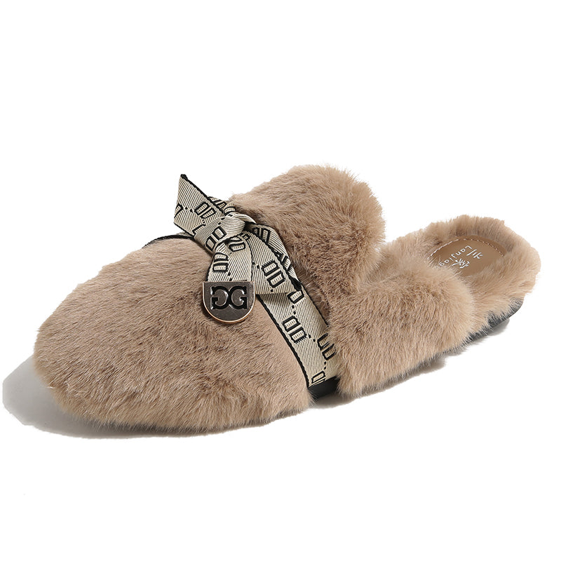 Women Fashion Bowknot Winter Furred Mules Newgew Shoes