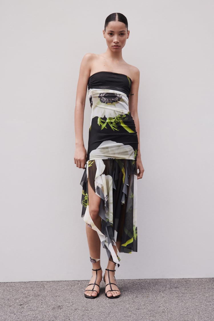 Gardenia Floral Mesh Pleat Tube Midi Dress Newgew Dresses