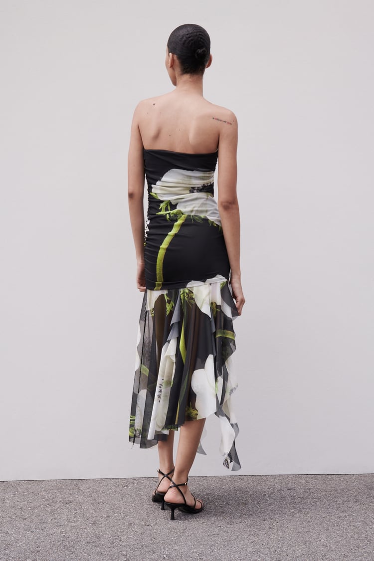 Gardenia Floral Mesh Pleat Tube Midi Dress Newgew Dresses