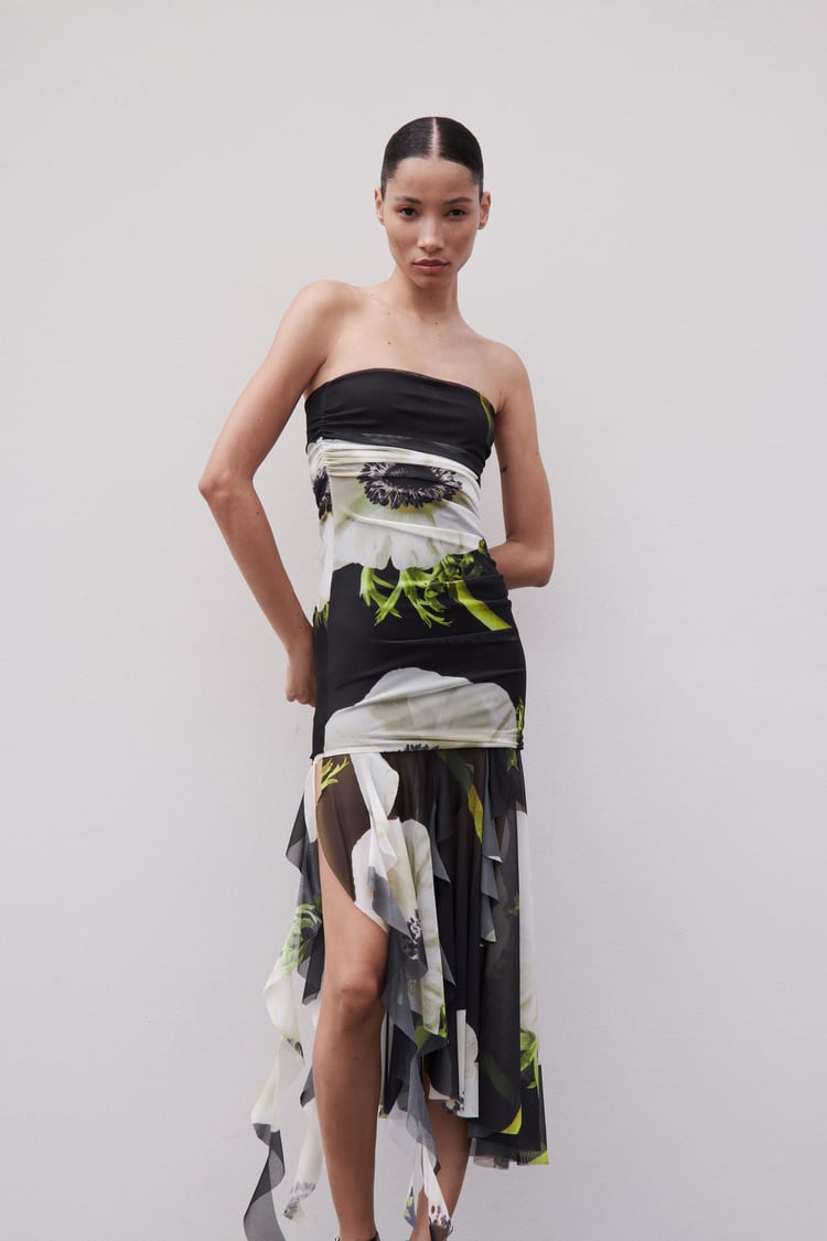 Gardenia Floral Mesh Pleat Tube Midi Dress Newgew Dresses