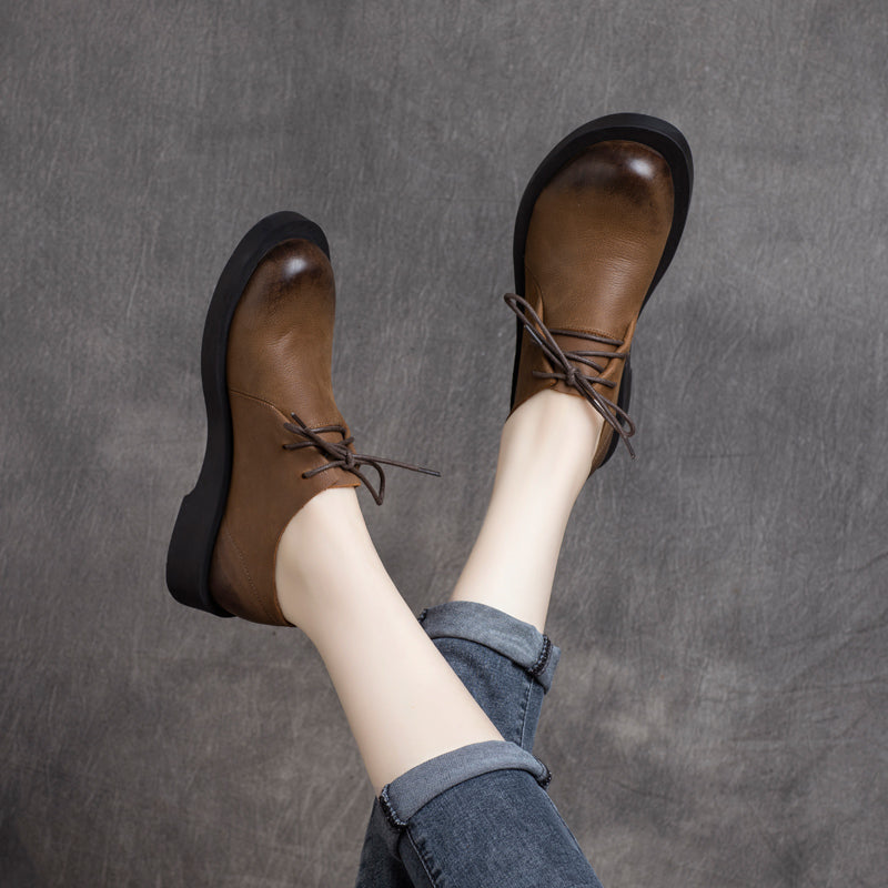 Women Retro Solid Cowhide Casual Shoes Newgew Shoes