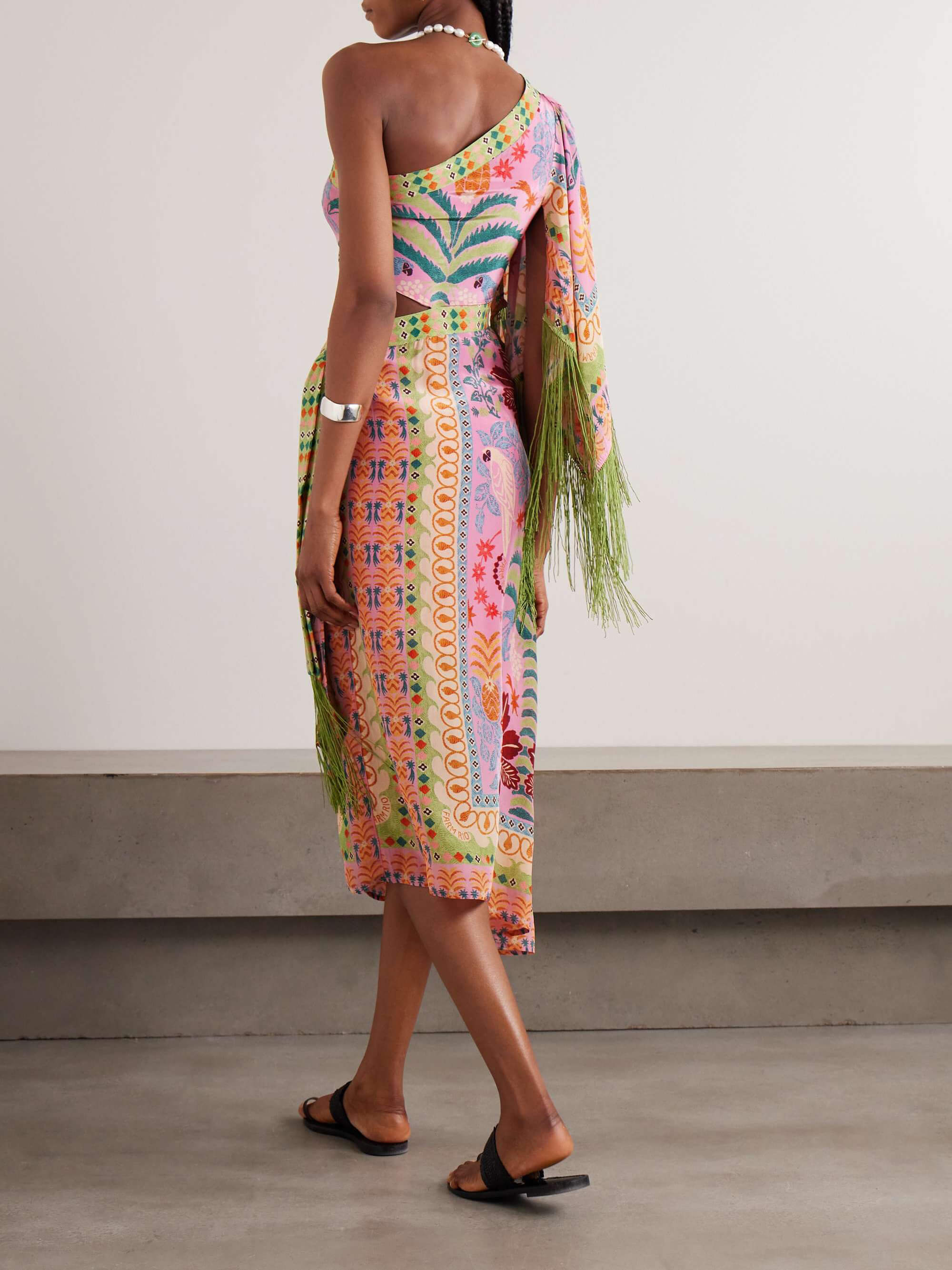 Fine Satin Art Palm Tree Floral Print Fringed Midi Dress Newgew Dresses