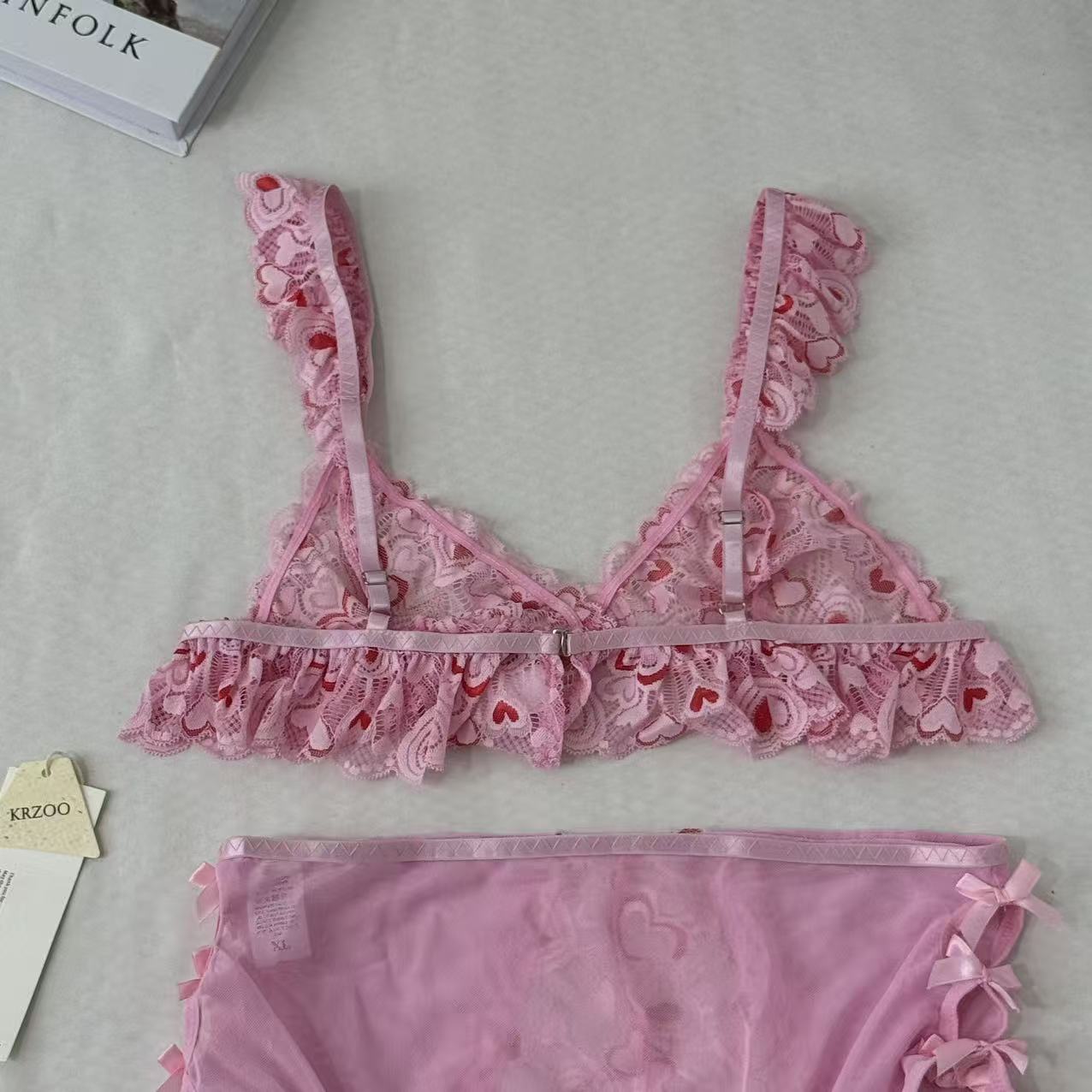 Mesh Heart Embroidery Hollow-Out Lingerie Set PinTow