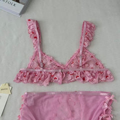 Mesh Heart Embroidery Hollow-Out Lingerie Set PinTow