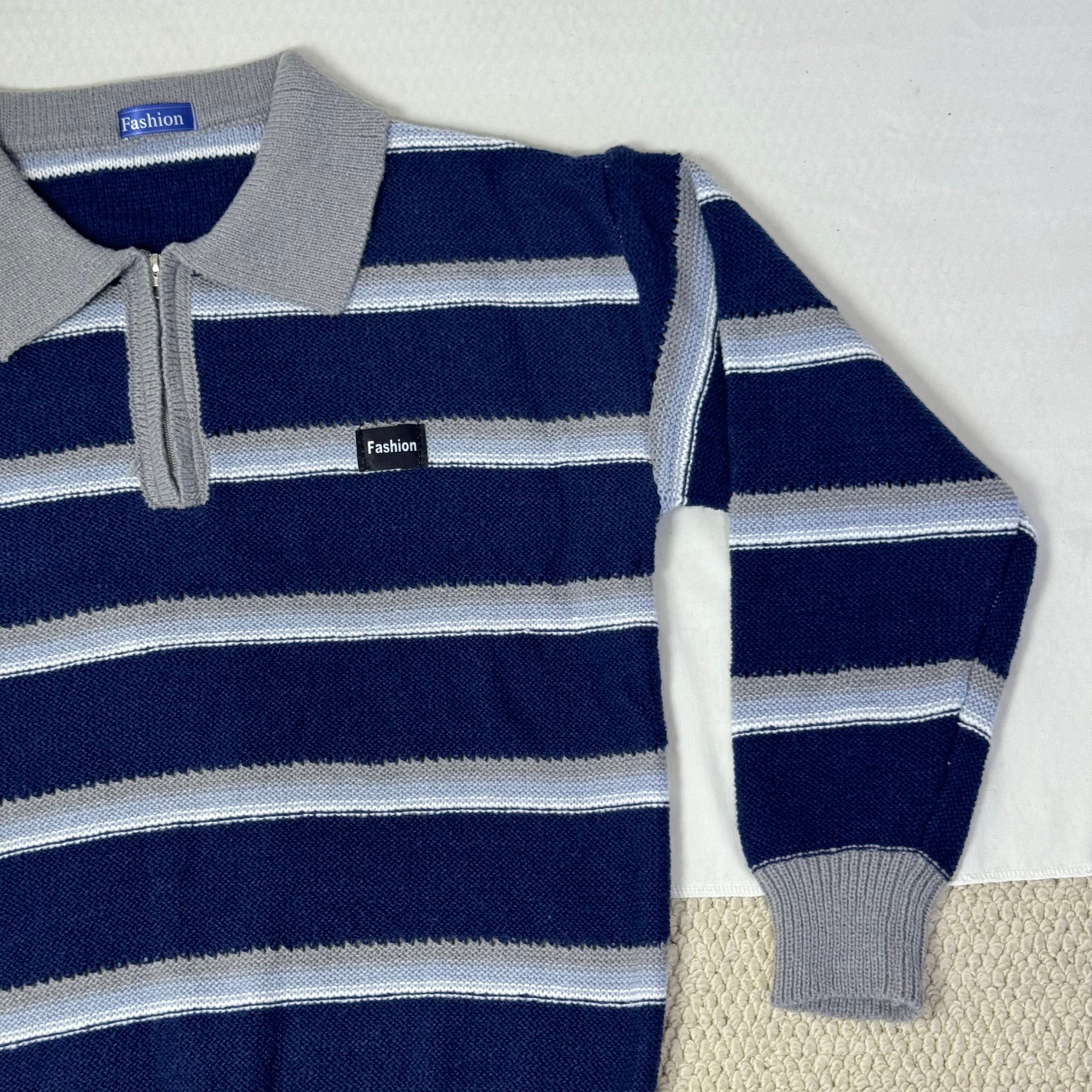 Striped Polo-Neck Relaxed Style Knit Top PinTow