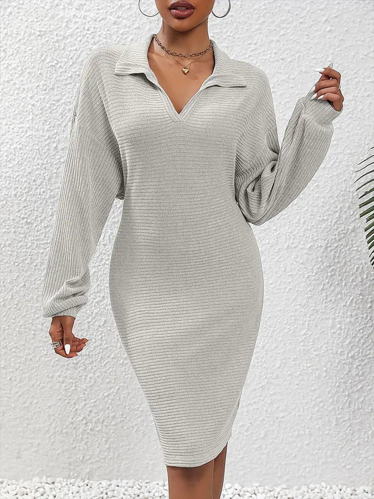 Knit Long-Sleeve V-Neck Bodycon Dress Newgew Dresses