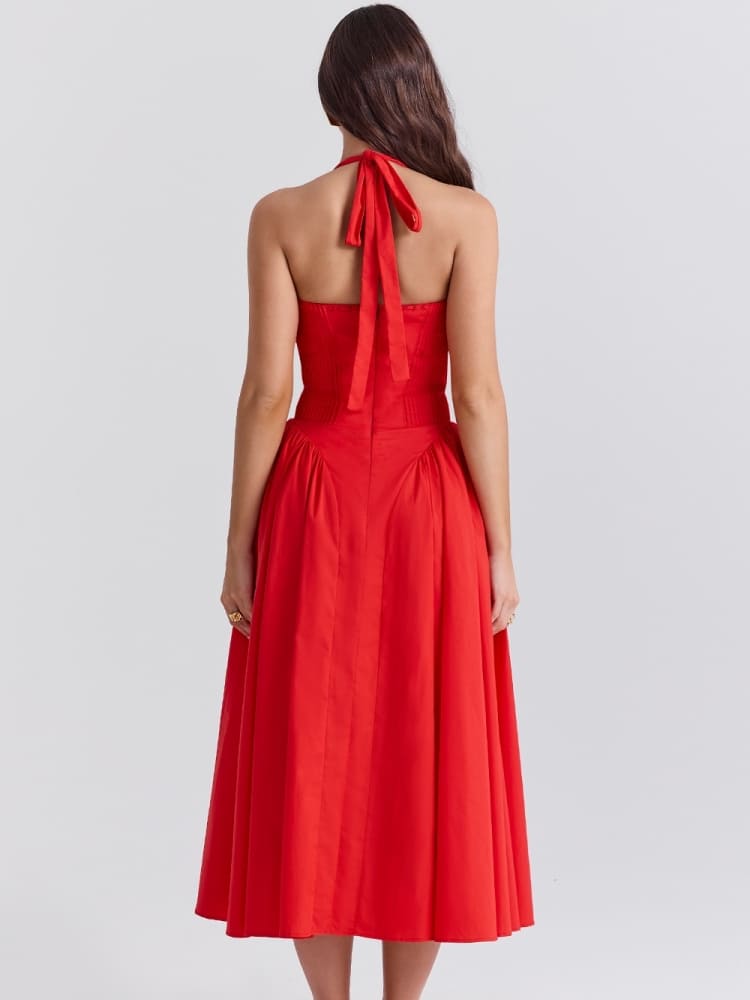 Red Backless Halter Midi Dress Newgew Dresses