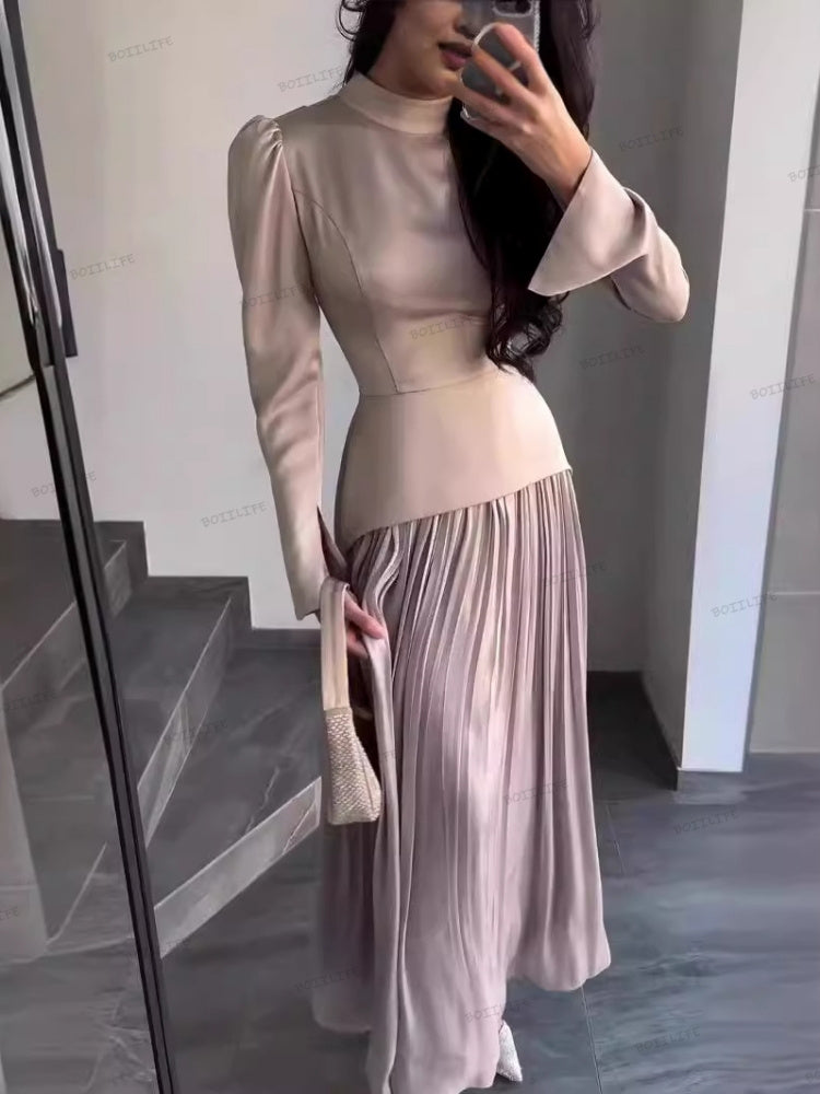Color Block Splicing Slim Fit Lace-Up Long Sleeve Maxi Dress Newgew Dresses