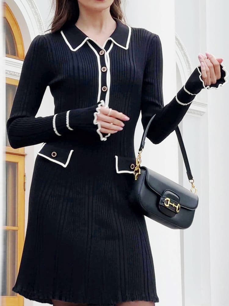 Long Sleeve Collared Knit Mini Dress Newgew Dresses