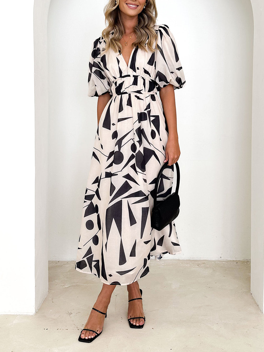 Sakura Midi Dress - Beige Geo Newgew Dresses