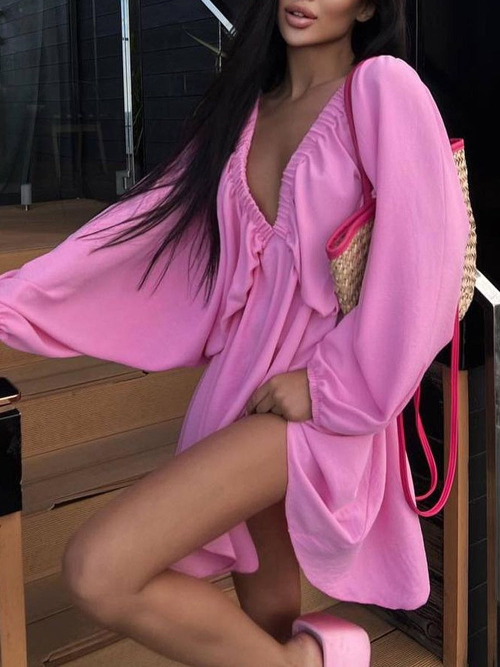 Woven Plunge Skater Mini Dress Newgew Dresses