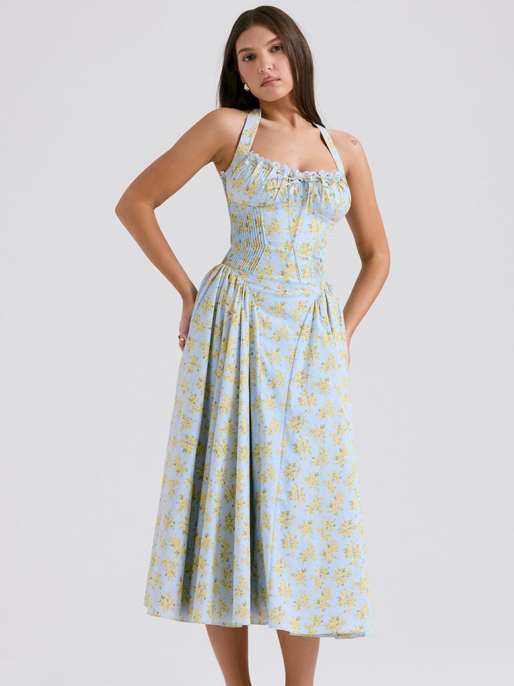 Soft Blue Vintage Floral Print Backless Tank Dress Newgew Dresses