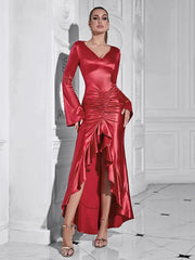 V-Neck Ruched Asymmetric Evening Dress Newgew Dresses