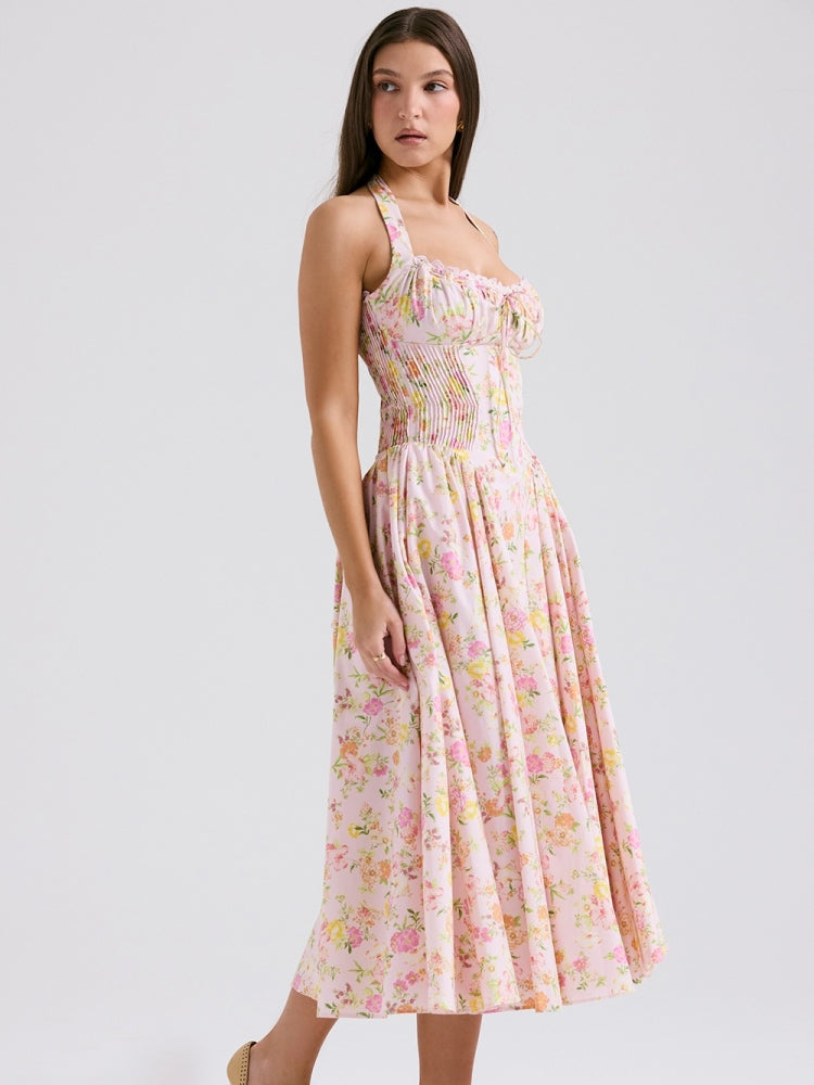 Pink Meadow Print Backless Midi Tank Dress Newgew Dresses