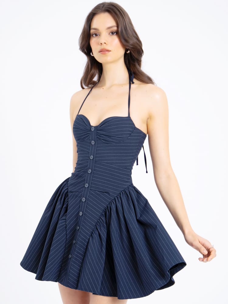 Navy Blue Pinstripe Halter Low-Waist Mini Dress Newgew Dresses