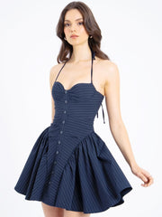 Navy Blue Pinstripe Halter Low-Waist Mini Dress Newgew Dresses