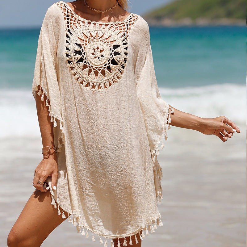 Hand Crochet Loose Fringe Sunflower Beach Blouse Cover Up Newgew Dresses