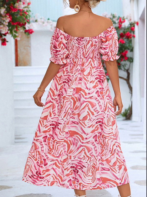 Smocked Print Off The Shoulder Midi Dress Newgew Dresses