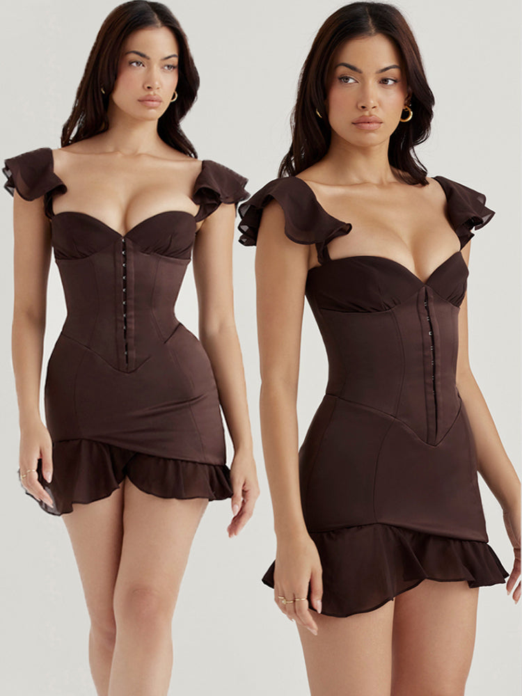 Dark Coffee Ruffle Bustier Mini Dress Newgew Dresses