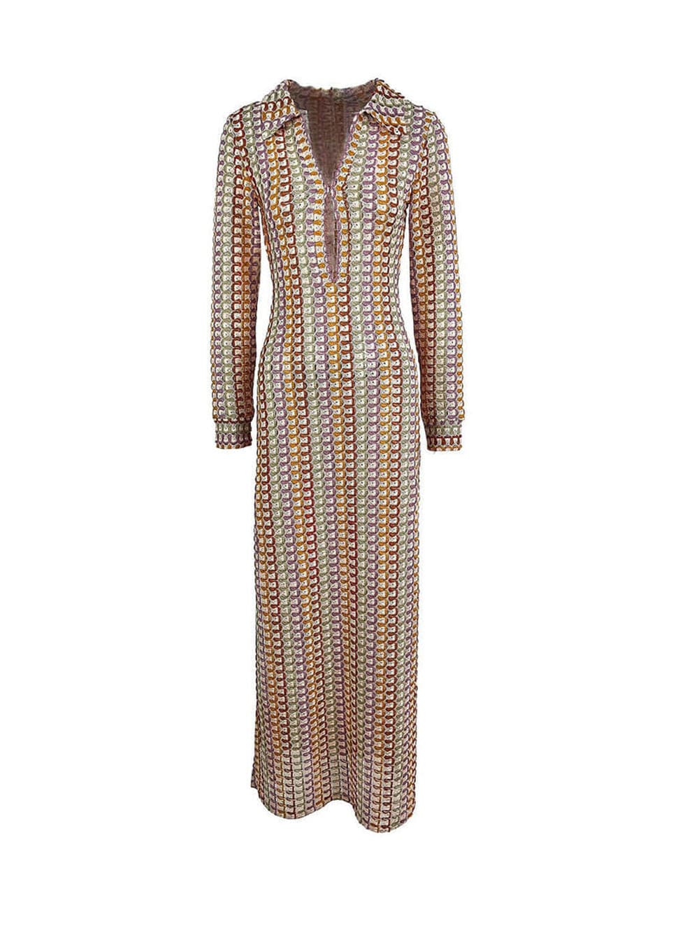 Boho Collared V Neck Split Wavy Striped Crochet Beach Vacation Maxi Dress - Brown Newgew Dresses
