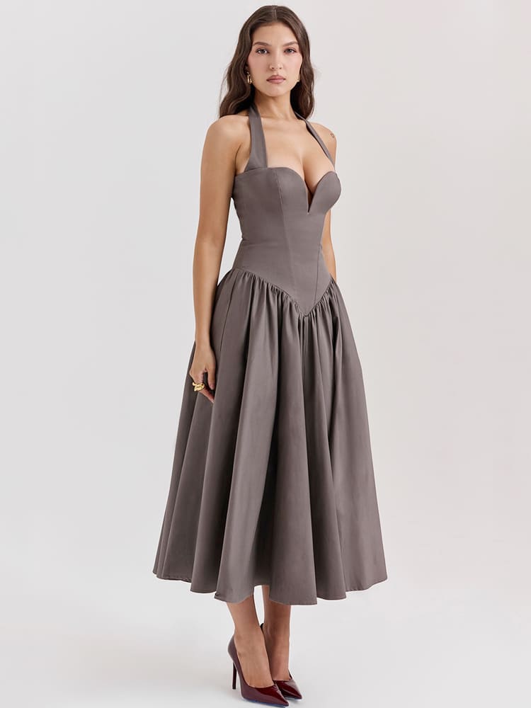 Halter Neck Midi Dress with Side Slit - Smoky Gray Newgew Dresses