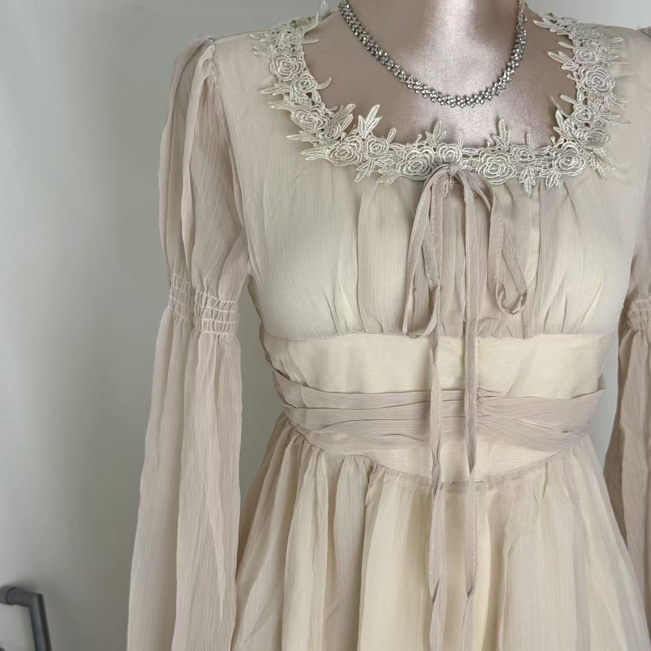 Square-Neck Long-Sleeve Chiffon Dress PinTow