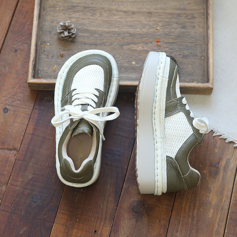 Women Retro Casual Leather Mesh Patchwork Shoes Newgew Shoes