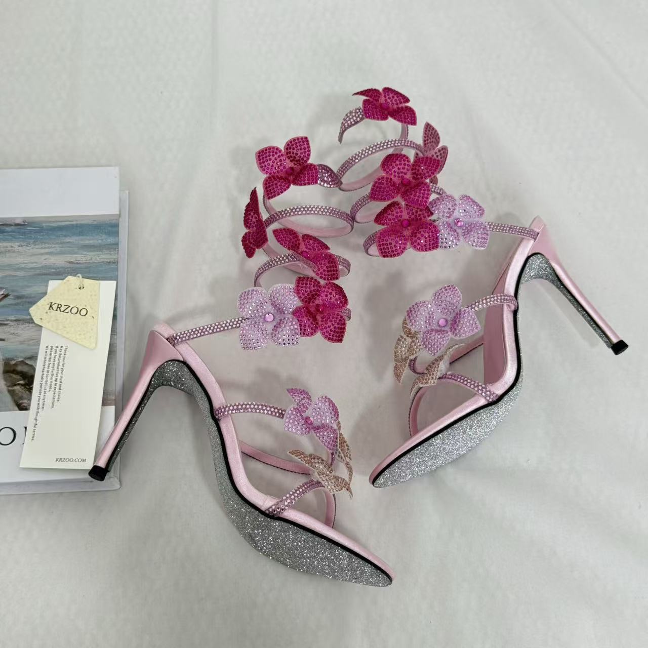 Square-Toe Crystal High Heels With Block Heels PinTow