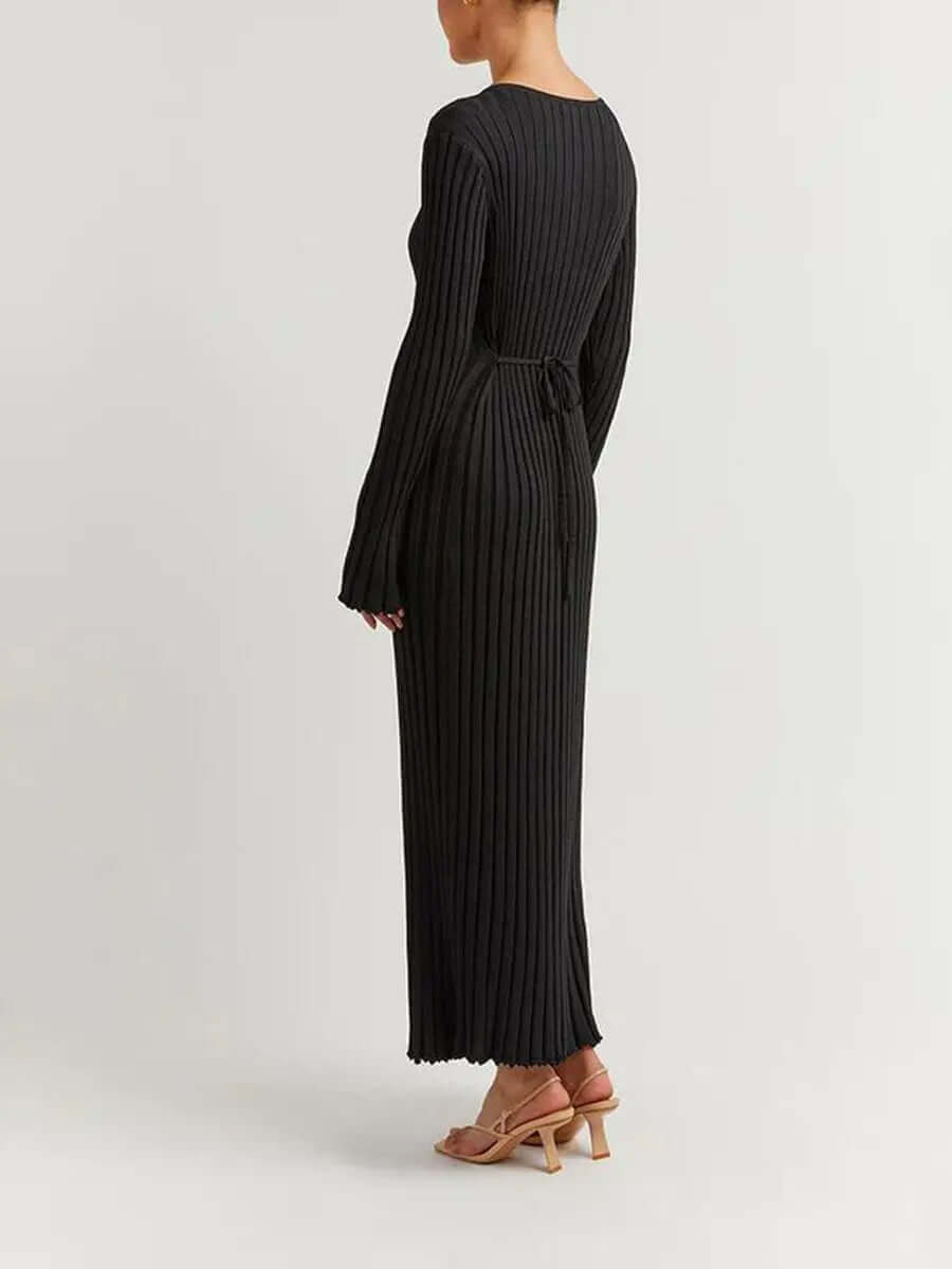V Neck Flounce Sleeve Pit Strip Knitting Maxi Dress – PinTow
