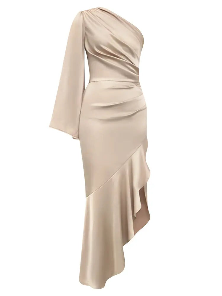 One-Shoulder Satin Ruffle Dress Newgew Dresses
