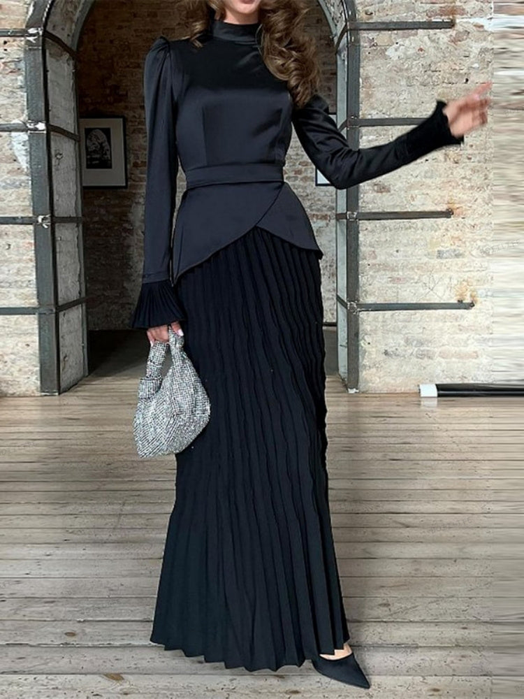 Color Block Splicing Slim Fit Lace-Up Long Sleeve Maxi Dress Newgew Dresses