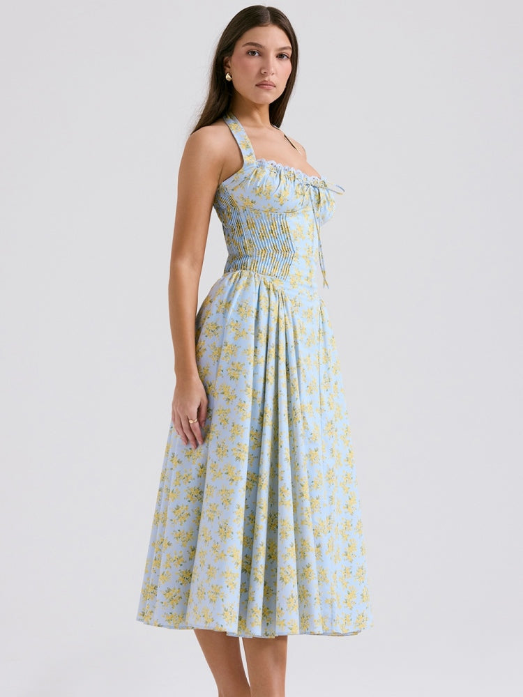 Soft Blue Vintage Floral Print Backless Tank Dress Newgew Dresses
