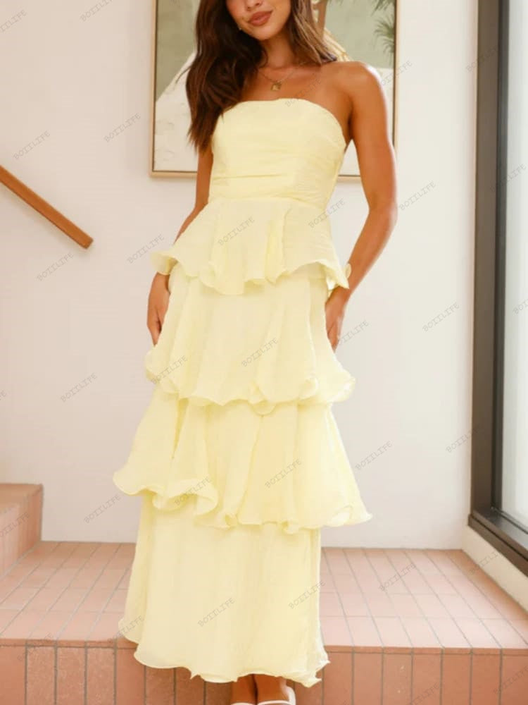 Chic Strapless Backless Tiered Midi Dress Newgew Dresses